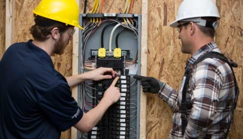 Two electricians working on a circuit breaker