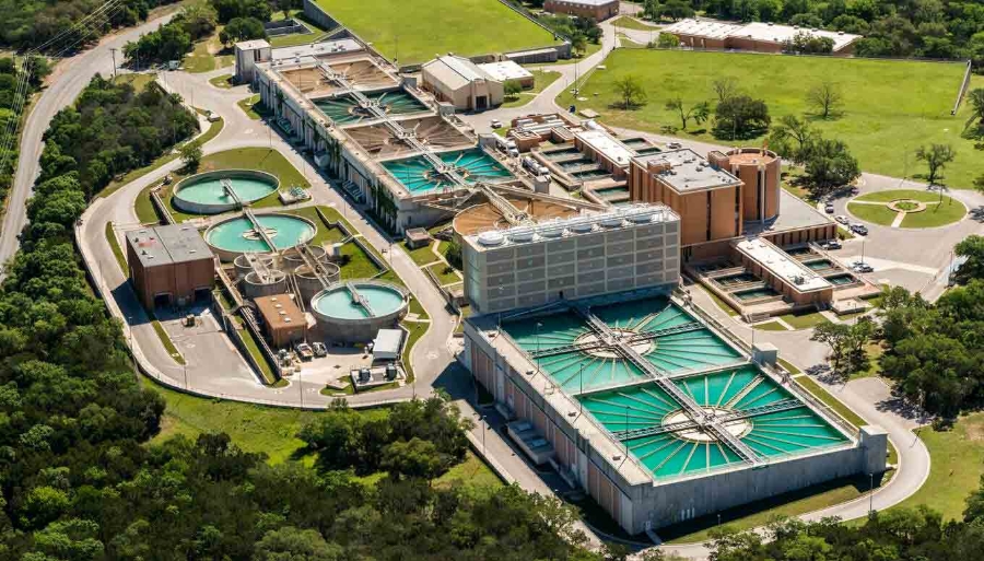 aerial view of sewage treatment water reclamation plant