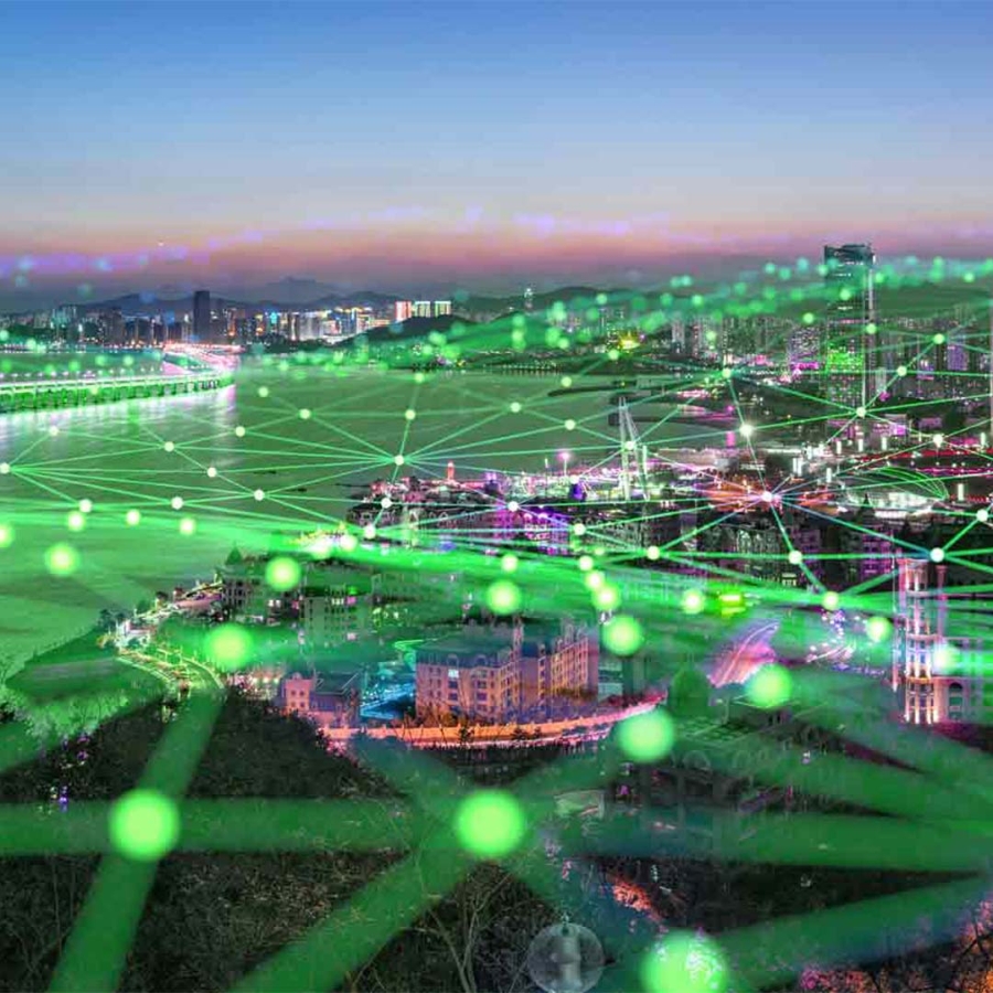 A city with green lights