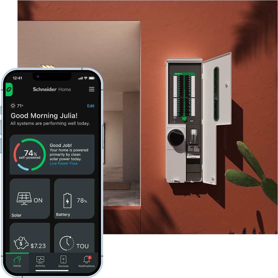 Schneider Pulse Panel on wall and app