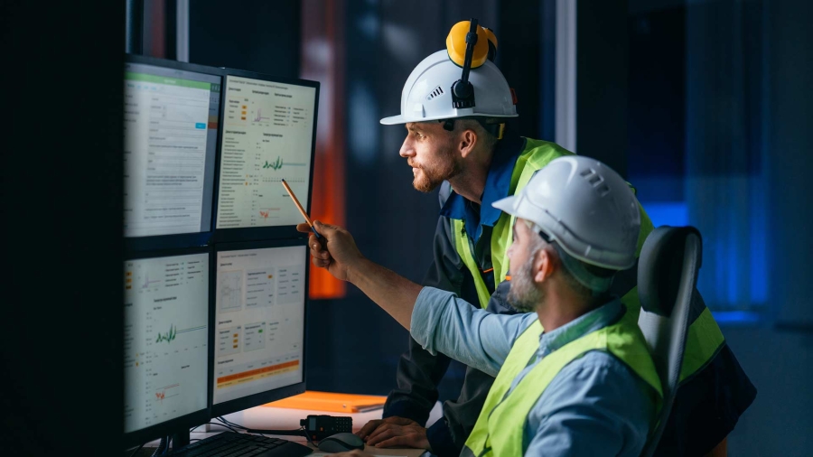 A group of men wearing hard hats and working on a computer