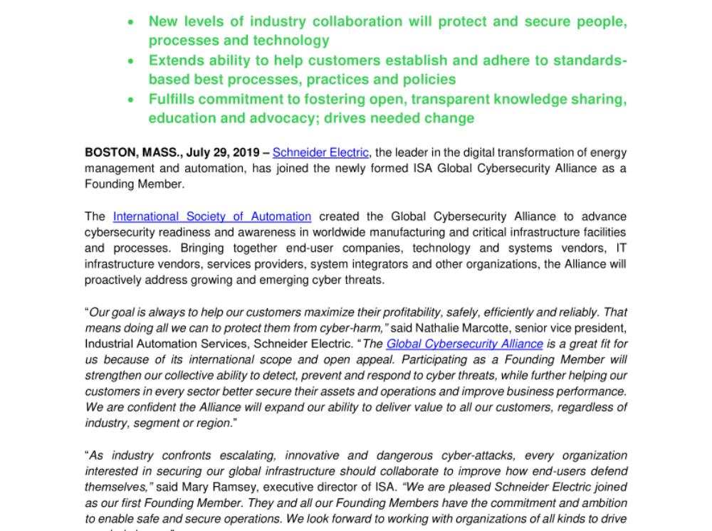 Schneider Electric is Founding Member of  ISA Global Cybersecurity Alliance (.pdf, Press release)