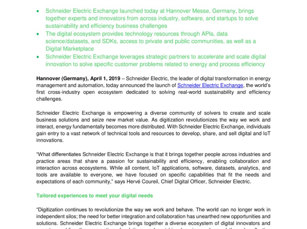 Schneider Electric launches new digital ecosystem to drive worldwide economies of scale for IoT solutions (.pdf, Press Release)