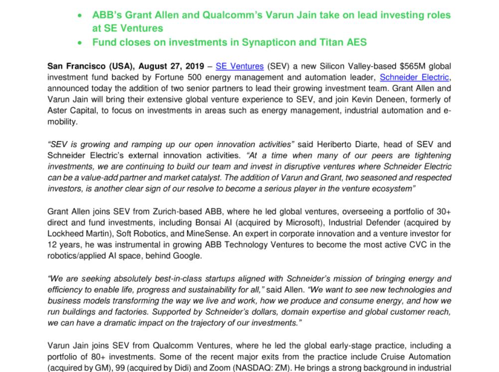 Schneider Electric’s $565M Global Investment Fund Expands with New Hires and New Investments (.pdf, Press Release)