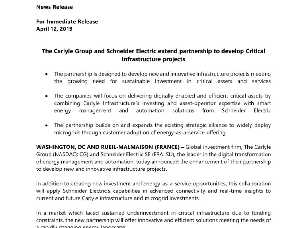 The Carlyle Group and Schneider Electric extend partnership to develop Critical Infrastructure projects (.pdf, Press Release)