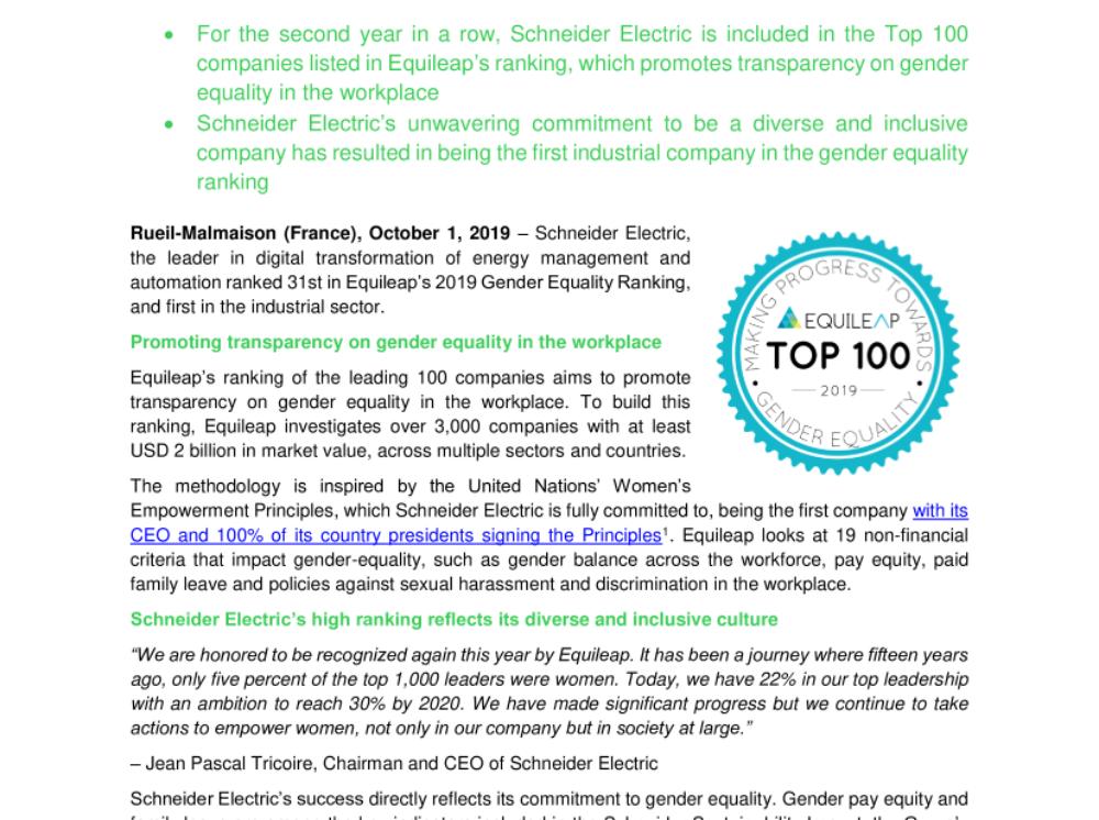 Schneider Electric ranked 1st in the industrial sector for Gender Equality, according to Equileap (.pdf, Press Release)