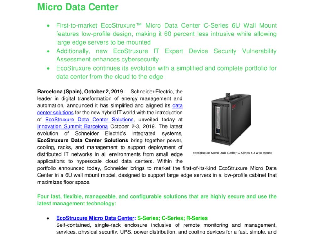 Schneider Electric Solves Edge Computing Challenges with New 6U Wall Mount EcoStruxure Micro Data Center (.pdf, Press Release)