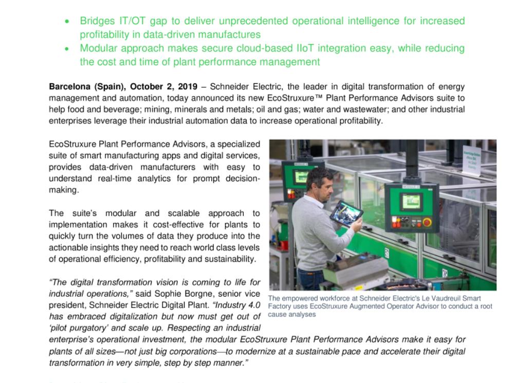 Schneider Electric Launches EcoStruxure™ Plant Performance Advisors Suite for Smart Operations (.pdf, Press Release)