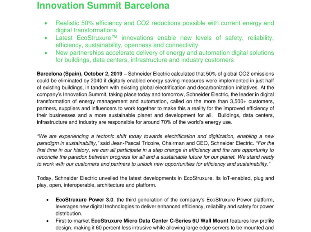 Schneider Electric Calls on Business Community to Work Together on Efficiency and Sustainability at Innovation Summit Barcelona (.pdf, Press Release)