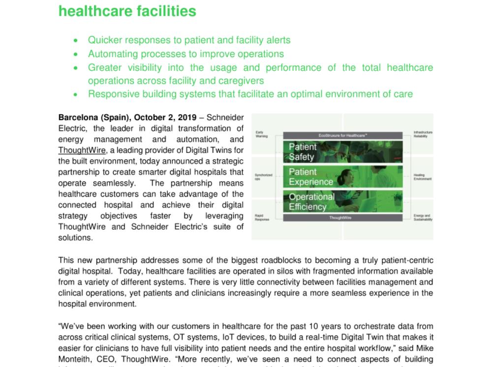 ThoughtWire and Schneider Electric announce strategic partnership and new joint offering for healthcare facilities (.pdf, Press Release)