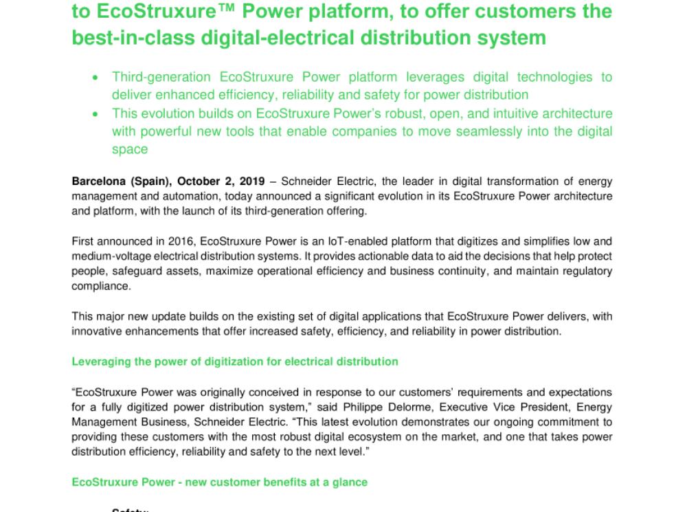 Schneider Electric announces significant enhancements to EcoStruxure™ Power platform, to offer customers the best-in-class digital-electrical distribution system (.pdf, Press Release)
