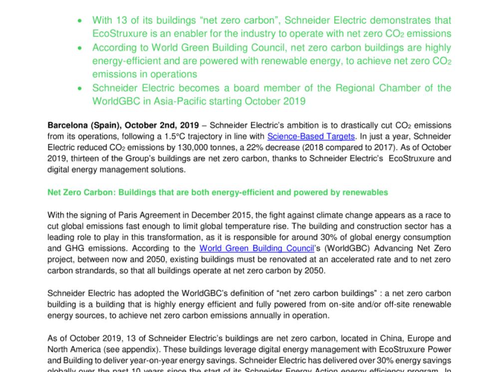 Schneider Electric paves the way to carbon neutrality with thirteen of its buildings “net zero carbon” (.pdf, Press Release)