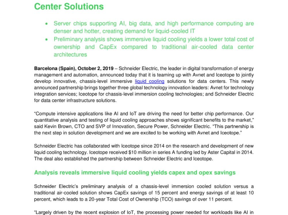 Schneider Electric Announces Partnership with Avnet and Iceotope to Develop Liquid-Cooled Data Center Solutions (.pdf, Press Release)