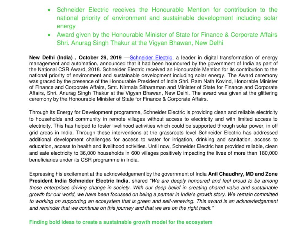 Government of India Confers Honourable Mention on Schneider Electric at the Annual National CSR Award Ceremony (.pdf, Press Release)