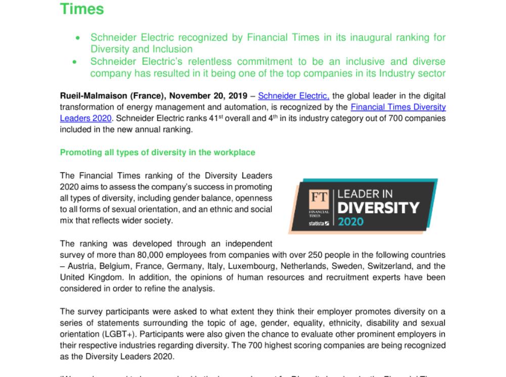 Schneider Electric included in the Top 50 for The Diversity Leaders 2020 ranking held by the Financial Times  (.pdf, Press Release)