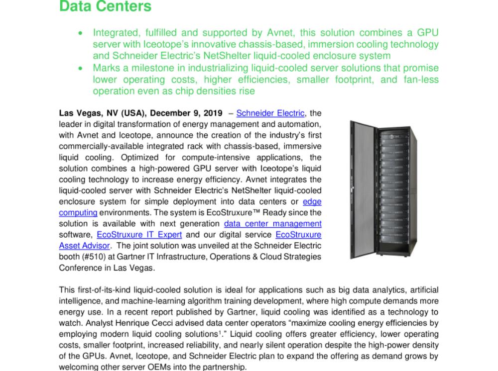Schneider Electric Announces Industry’s First Integrated Rack with Immersed, Liquid-Cooled IT for Data Centers (.pdf, Press Release)