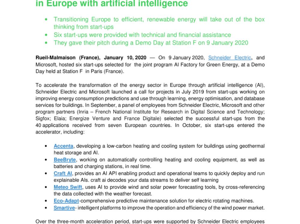 Start-ups from Schneider Electric and Microsoft's joint accelerator are transforming the energy sector in Europe with artificial intelligence (.pdf)