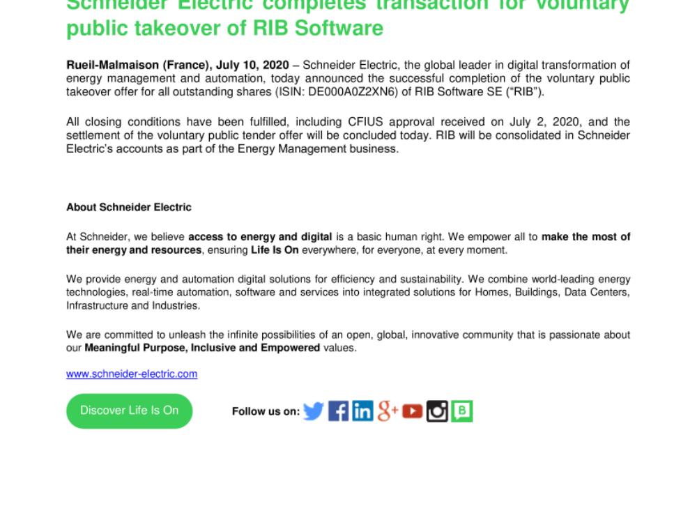 Schneider Electric completes transaction for voluntary public takeover of RIB Software (.pdf)
