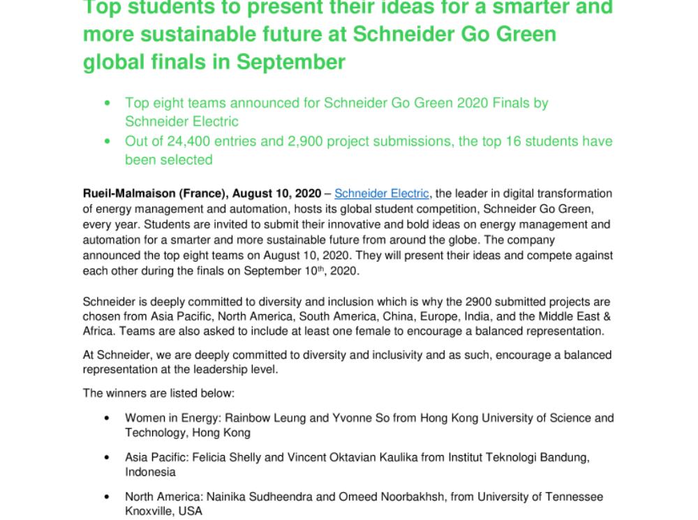 Top students to present their ideas for a smarter and more sustainable future at Schneider Go Green global finals in September (.pdf, Press Release)