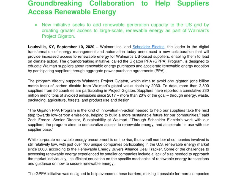 Walmart and Schneider Electric Announce Groundbreaking Collaboration to Help Suppliers Access Renewable Energy (.pdf)