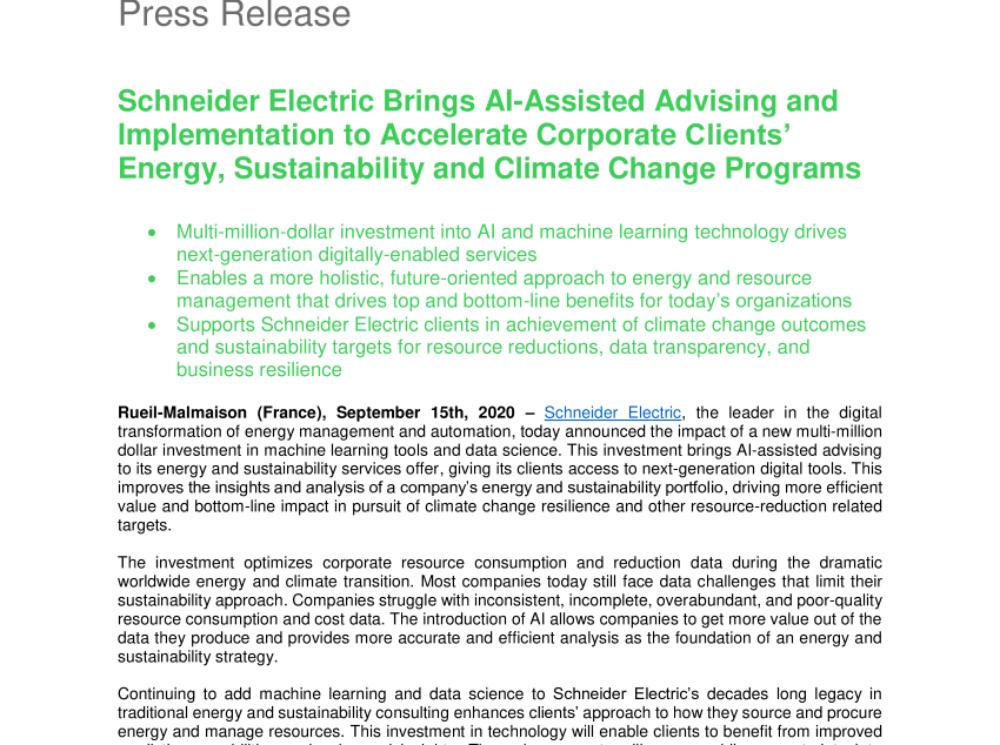 Schneider Electric Brings AI-Assisted Advising and Implementation to Accelerate Corporate Clients’ Energy, Sustainability and Climate Change Programs (.pdf, Press Release)