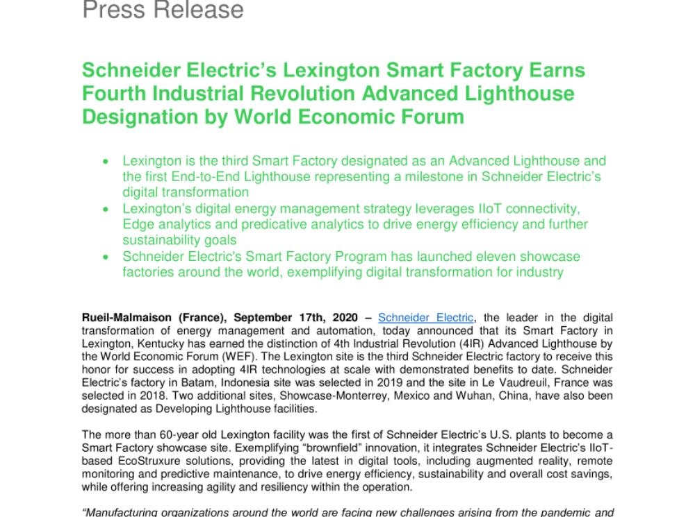 Schneider Electric’s Lexington Smart Factory Earns Fourth Industrial Revolution Advanced Lighthouse Designation by World Economic Forum (.pdf)
