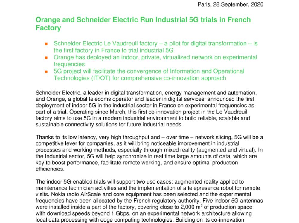 Orange and Schneider Electric Run Industrial 5G trials in French Factory  (.pdf, Press Relase)