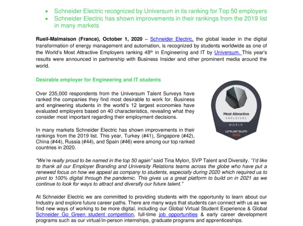 Schneider Electric included in the Top 50 for World’s Most Attractive Employers (.pdf, Press Release)