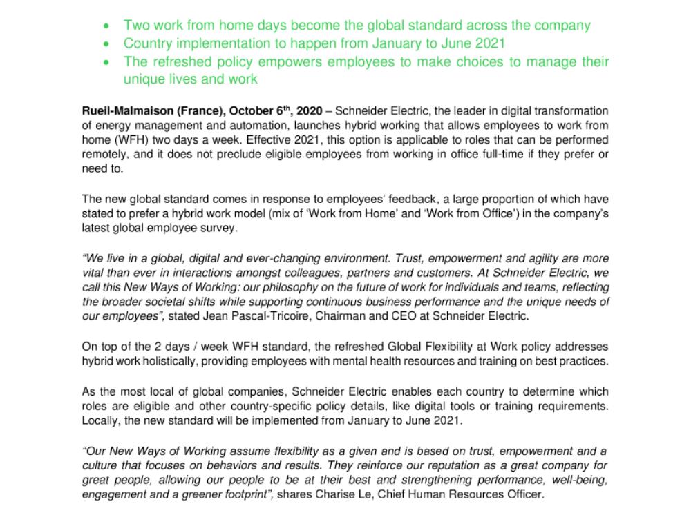 Schneider Electric creates global standards in refreshed Flexibility at Work policy (.pdf)