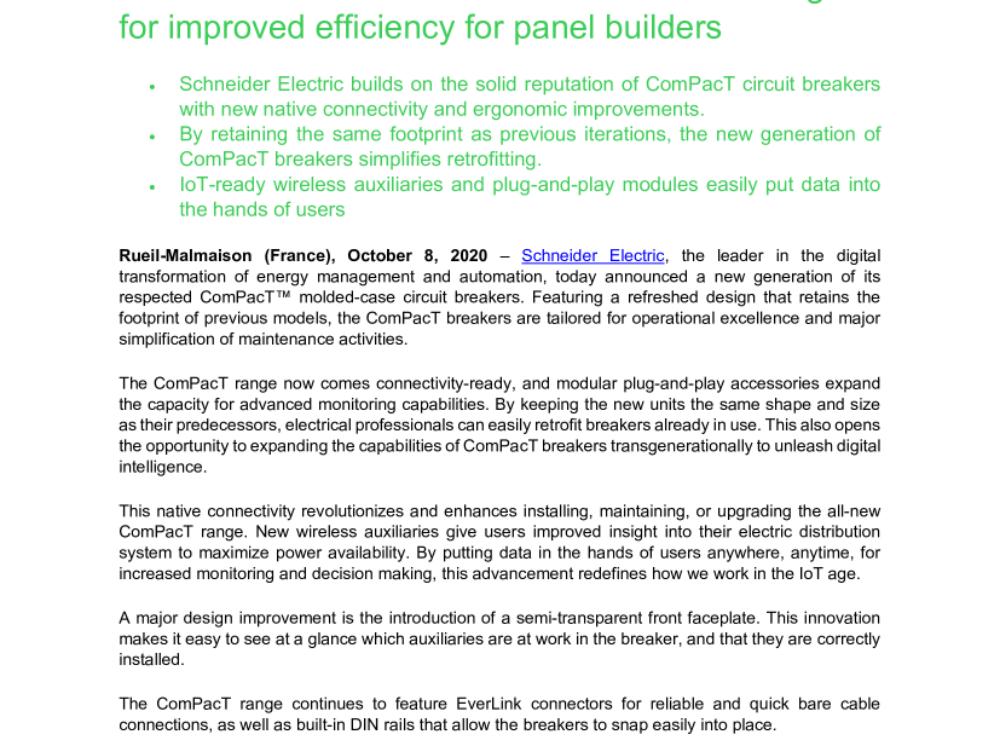Schneider Electric unveils a new generation of ComPacT molded-case circuit breakers redesigned for improved efficiency for panel builders (.pdf, News)