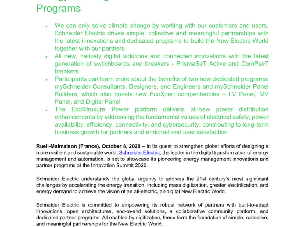 Schneider Electric to Showcase its Pioneering Energy Management Innovations and Partner Programs (.pdf, News)