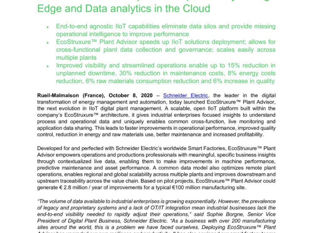 Schneider Electric launches EcoStruxure™ Plant Advisor to increase operational profitability through Edge and Data analytics in the Cloud (.pdf)