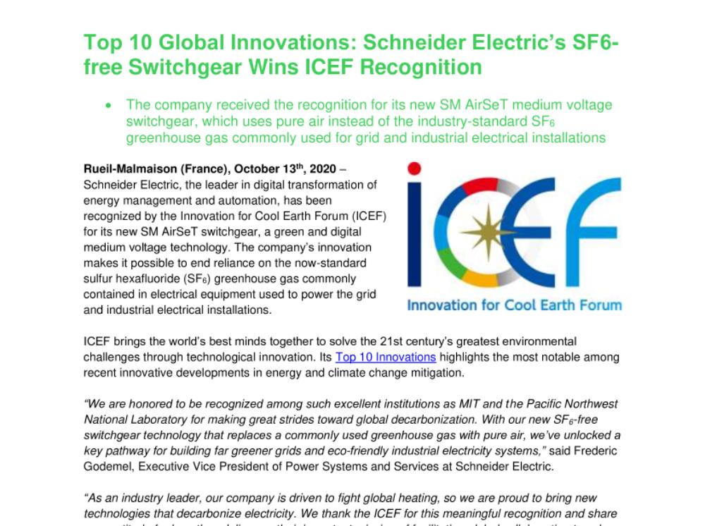 Top 10 Global Innovations. Schneider Electric’s SF6-free Switchgear Wins ICEF Recognition (.pdf)