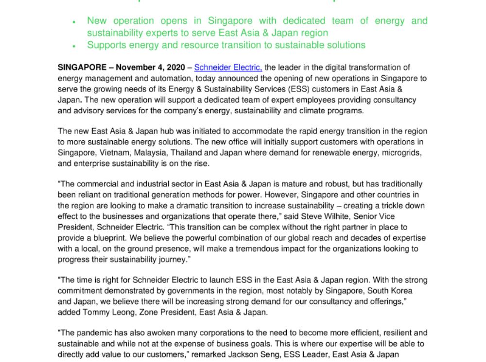 Schneider Electric Expands Energy & Sustainability Services Operations in East Asia & Japan (.pdf)