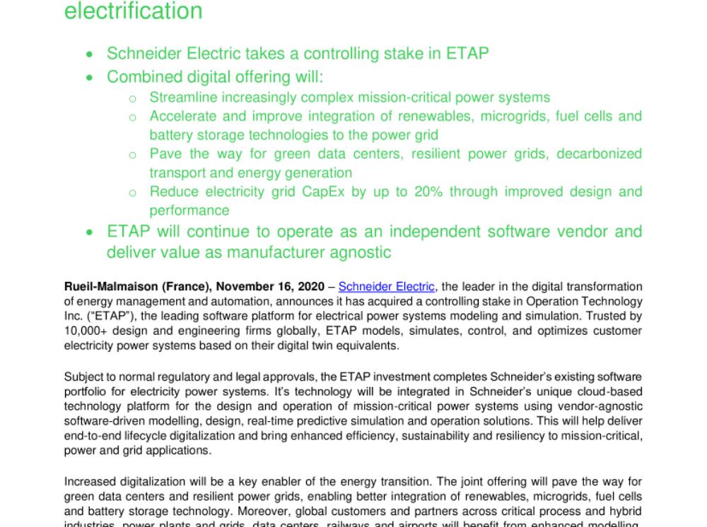 Schneider Electric invests in Operation Technology, Inc. (“ETAP”) to spearhead smart and green electrification (.pdf)