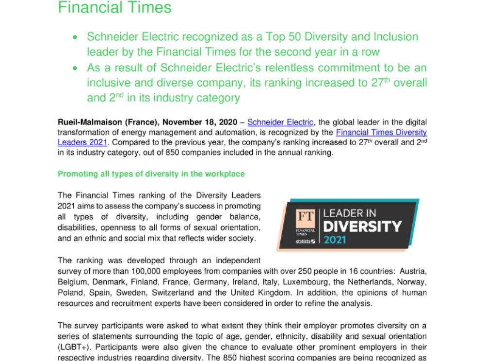 Schneider Electric included in the Top 50 for The Diversity Leaders 2021 ranking held by the Financial Times (.pdf)