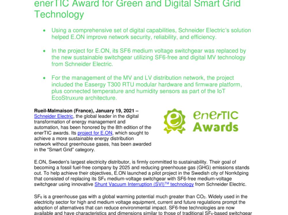 Schneider Electric's Project with E.ON Wins enerTIC Award for Green and Digital Smart Grid Technology (.pdf)