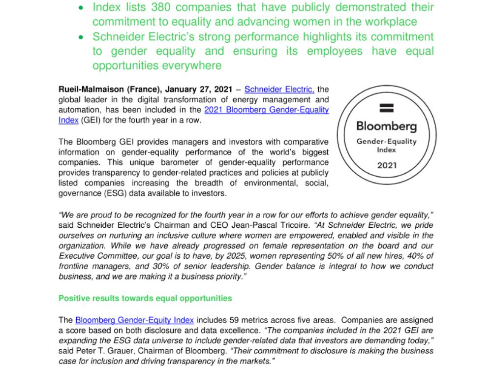 Schneider Electric included in Bloomberg Gender-Equality Index for fourth consecutive year (press release.pdf)