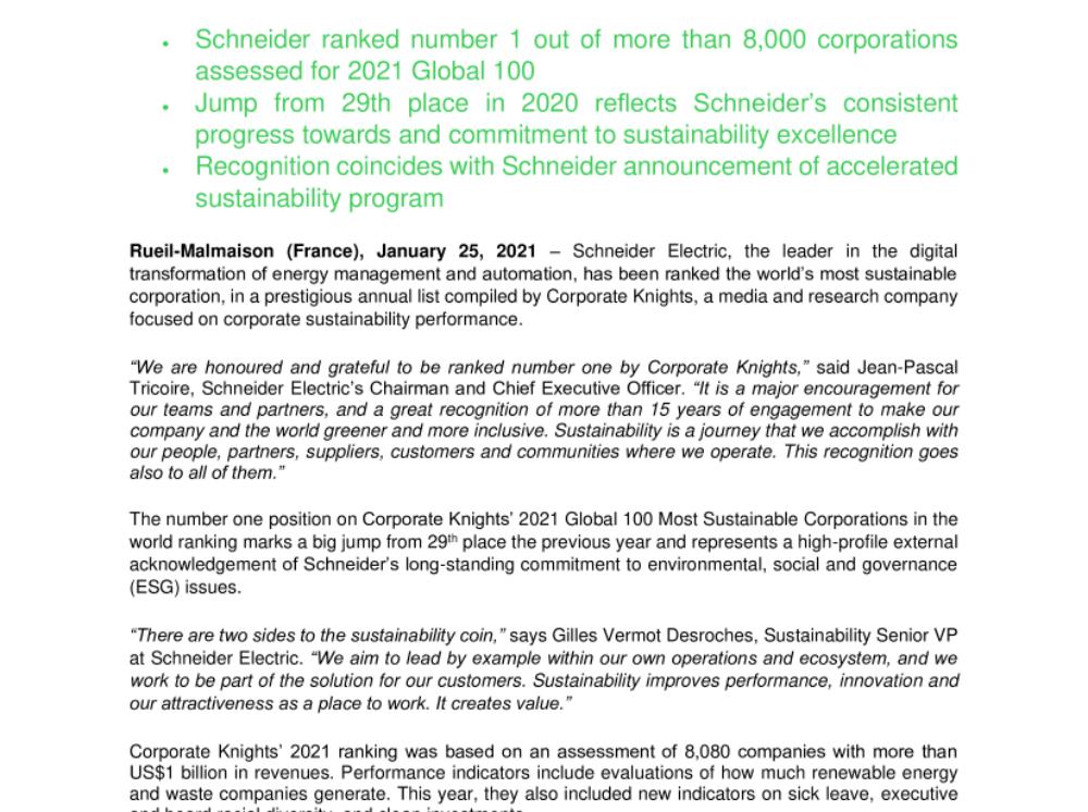 Schneider Electric ranked world’s most sustainable company by Corporate Knights (press release.pdf)