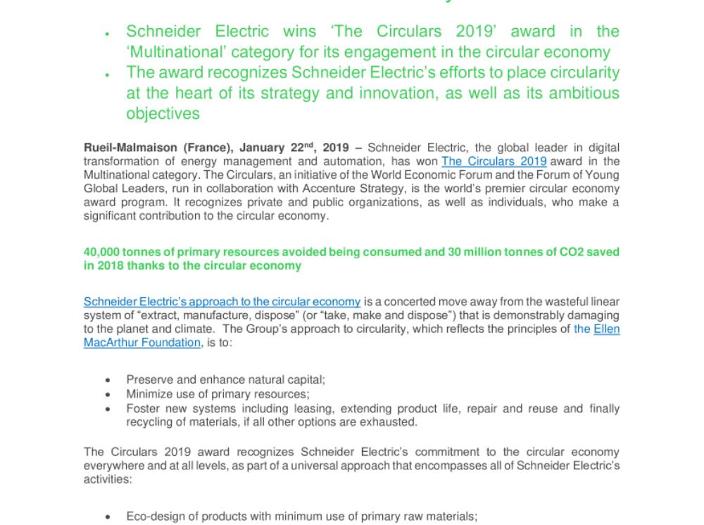 Schneider Electric’s wins global award for contribution to the circular economy (press release .pdf)