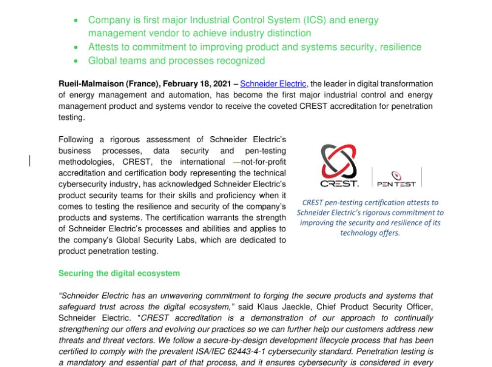 Schneider Electric’s Global Security Labs receive CREST pen-test accreditation  (press release .pdf)