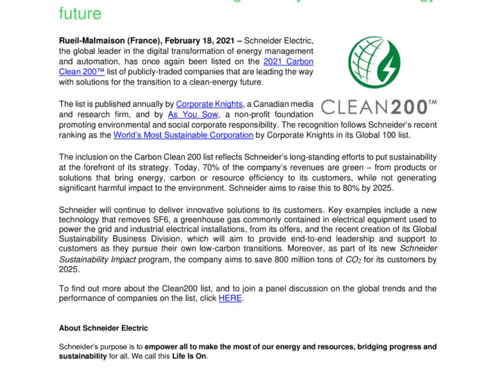 Schneider Electric once again on the 2021 Carbon Clean 200™ list showing the way to a clean energy future (news .pdf)