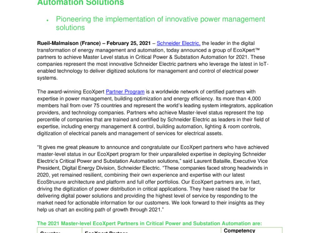 Schneider Electric Announces 2021 List of Master-level EcoXpert™ Partners in Critical Power & Substation Automation Solutions (press release.pdf)