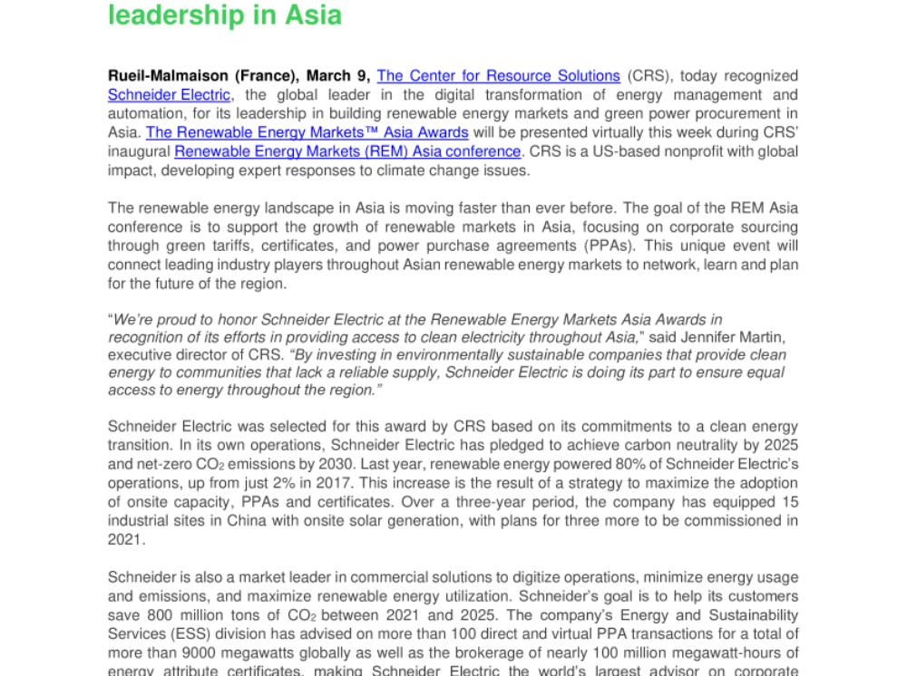 Schneider Electric recognized during Renewable Energy Markets™ Asia Awards for renewable energy leadership in Asia (news .pdf)