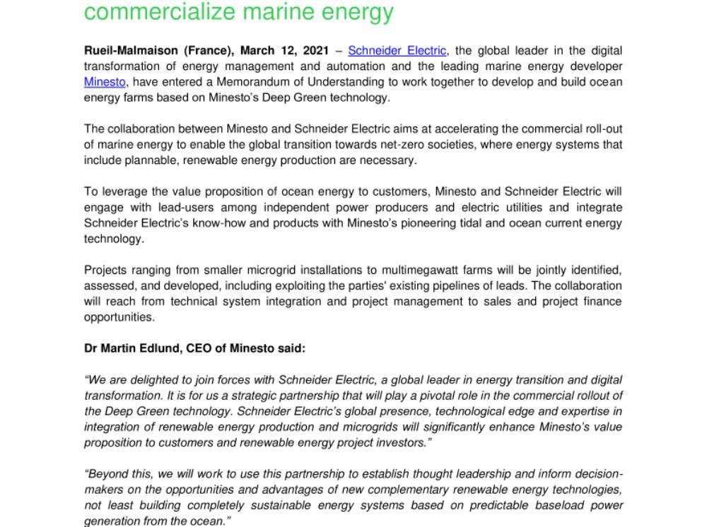 Schneider Electric and Minesto join forces to commercialize marine energy (press release .pdf)