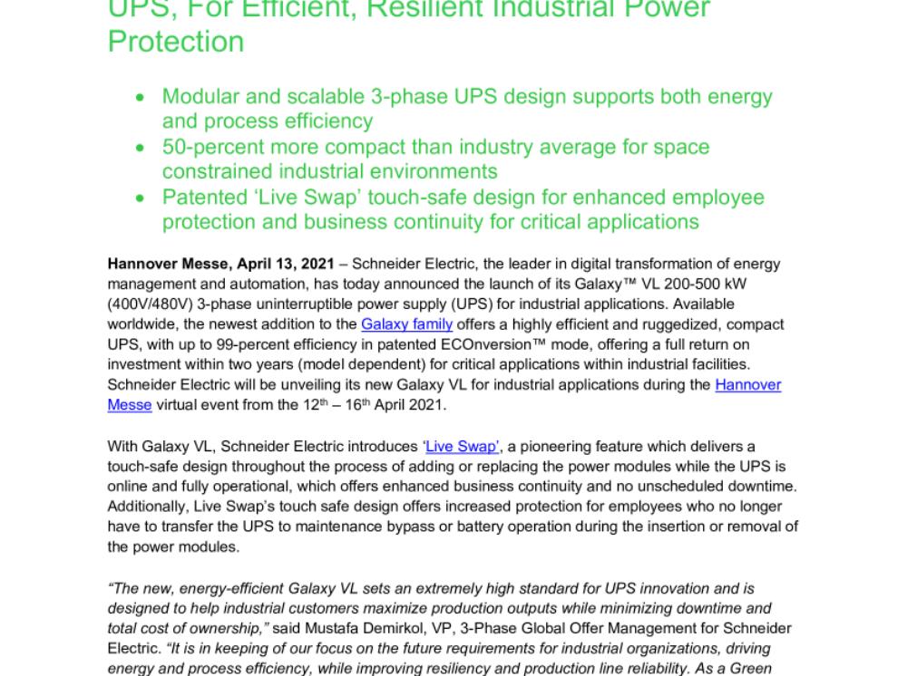 Schneider Electric Releases Galaxy VL 3-Phase UPS, For Efficient, Resilient Industrial Power Protection.pdf