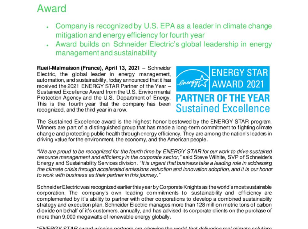 Schneider Electric Earns 2021 ENERGY STAR® Partner of the Year for Sustained Excellence Award (.pdf)
