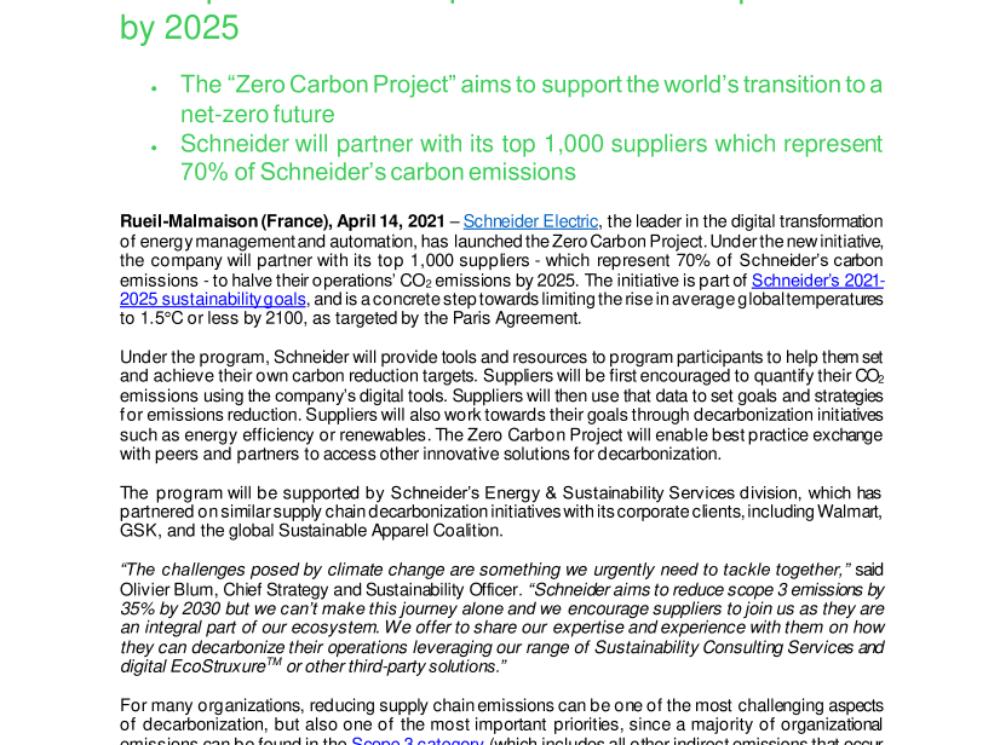 Schneider Electric partners with top 1,000 suppliers to help reduce their operations’ CO2 footprint 50% by 2025 (.pdf)
