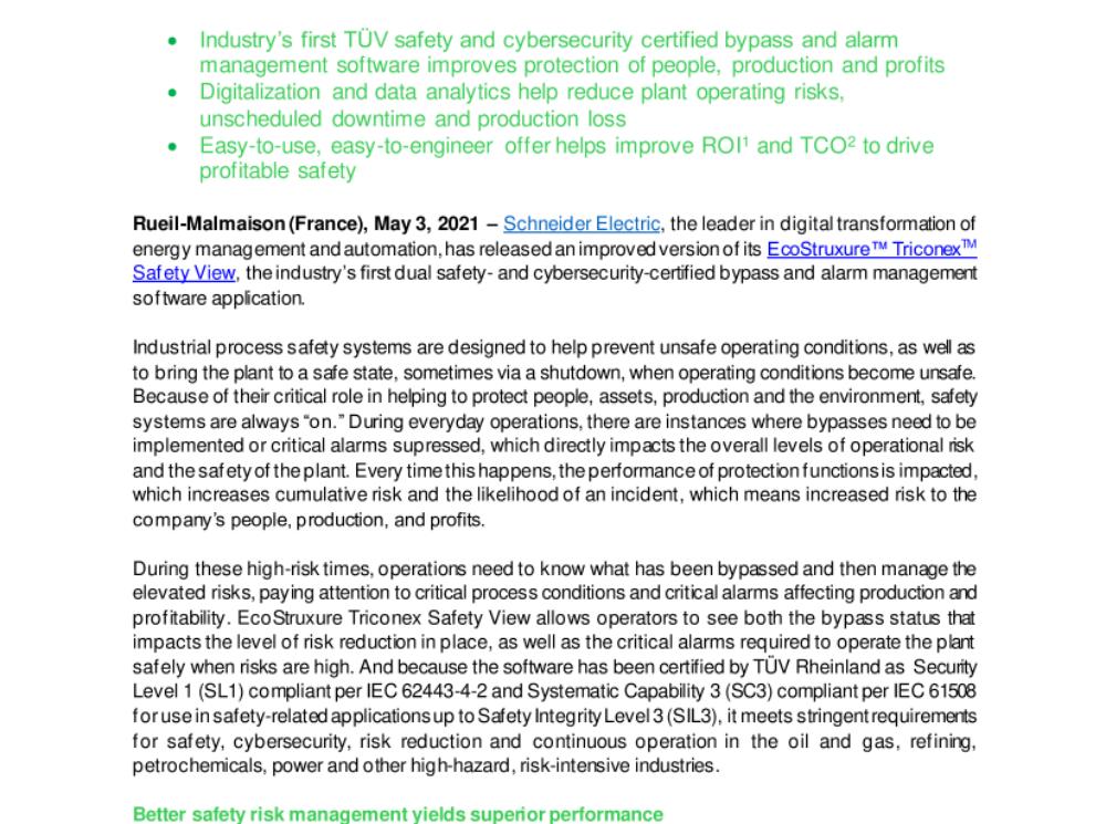 Schneider Electric Enhances EcoStruxture™ TriconexTM Safety View (.pdf)