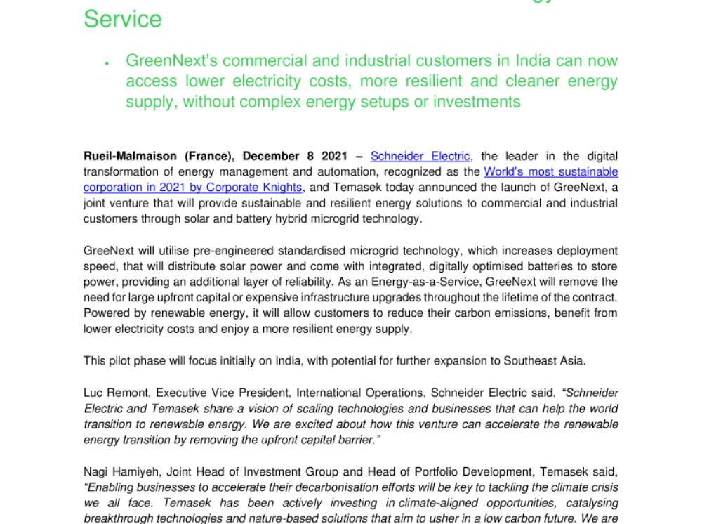 Schneider Electric and Temasek Launch GreeNext to Provide Sustainable and Resilient Energy-as-a-Service (.pdf)